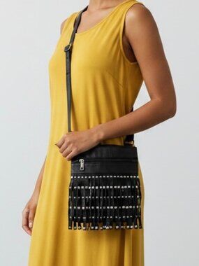 KMQ Crossbody bag Black Faux Leather w/ Studded Fringe Zip Top Closure